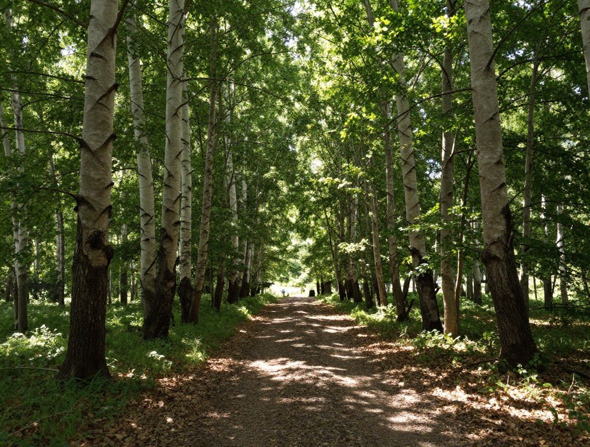 Camino sereno a través de un bosque de hayas con luz solar filtrándose entre las hojas verdes, creando un ambiente de calma y reflexión