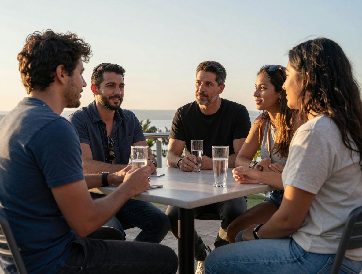 Grupo de personas adultas conversando en un parque al aire libre con luz cálida de tarde, ambiente de conexión social y bienestar compartido